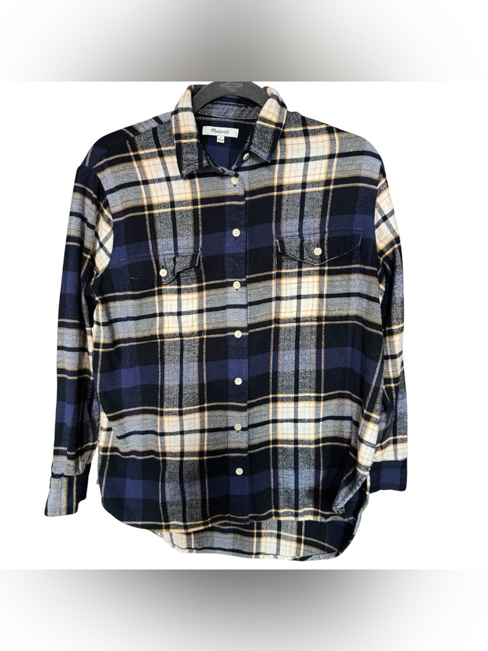 Madewell Navy Blue Creme Plaid Flannel Cotton Button-Down Shirt Sz S